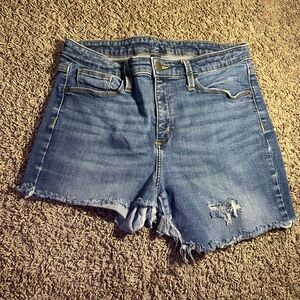 Blue Jean Shorts with Distressed Raw-Edge Hems